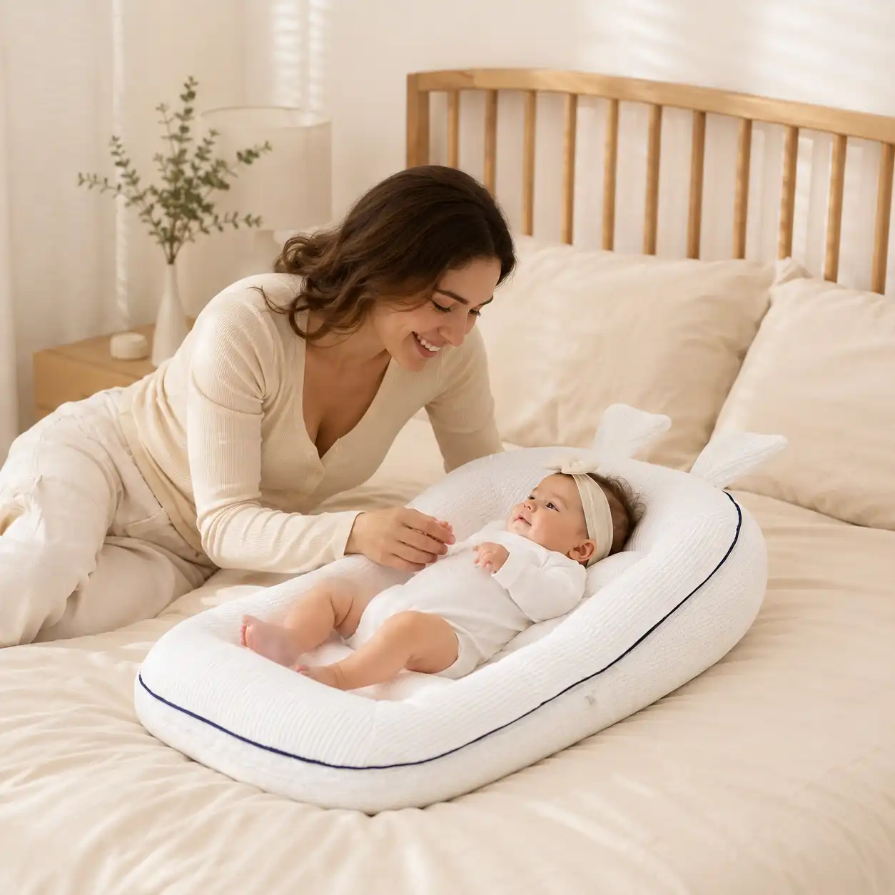 Mother lovingly watching her baby resting in a pink cat-shaped baby lounger in a warm bedroom