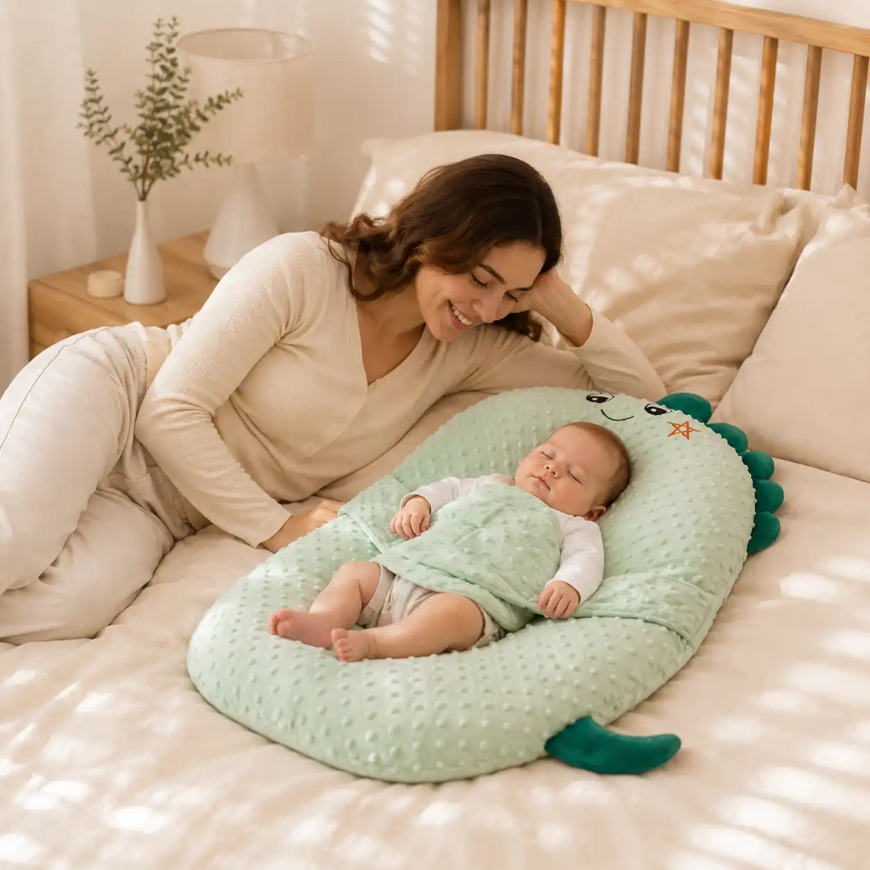 Mother smiling at her sleeping baby resting in a green dinosaur baby lounger in a cozy bedroom