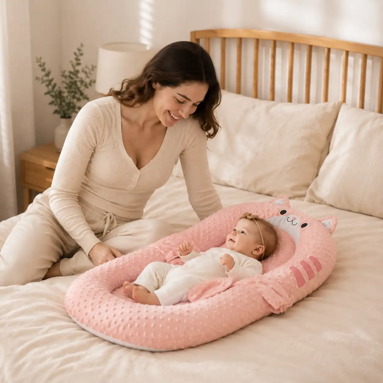 Mother lovingly watching her baby resting in a pink cat-shaped baby lounger in a warm bedroom