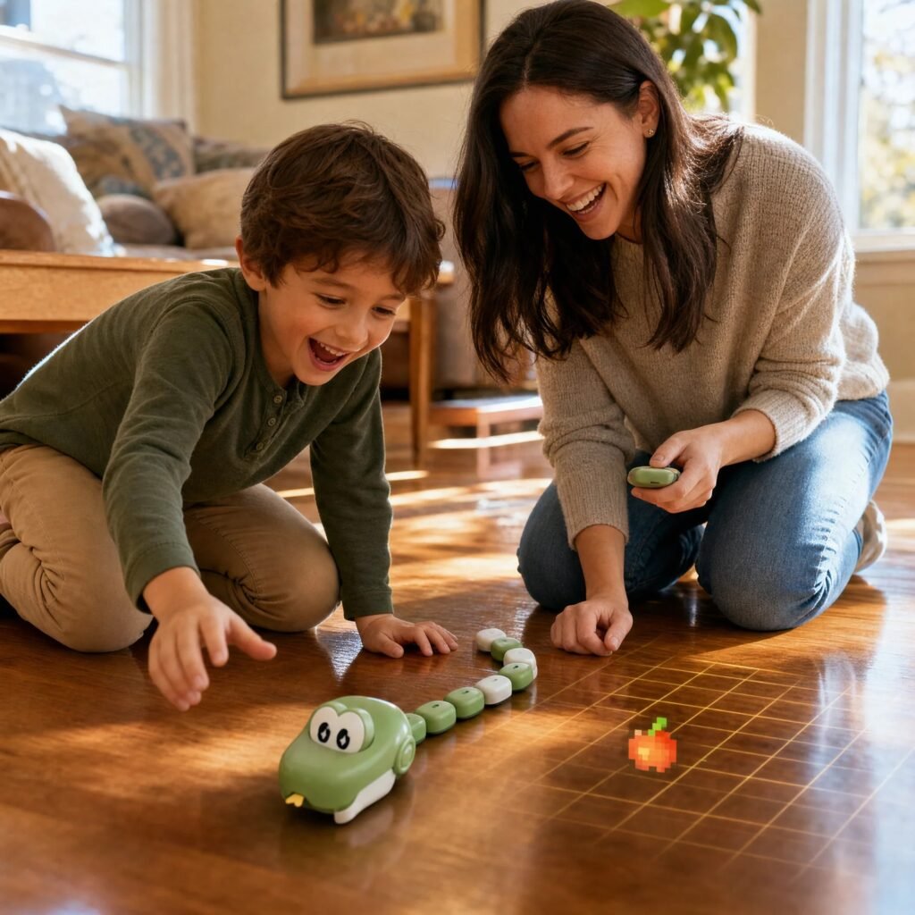 Two kids remote control magnetic snake toys slithering on a glowing game board for parent-child interactive play